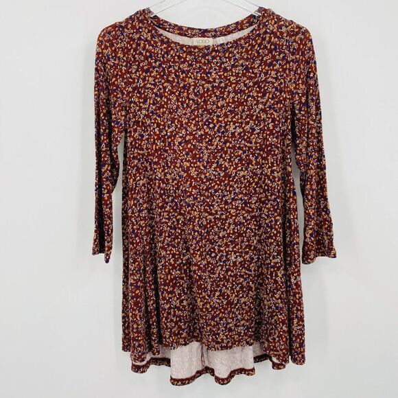 LOGO Lori Goldstein Size XXS Burgundy Fall Floral Long Sleeve Swing Tunic Top - Picture 1 of 9